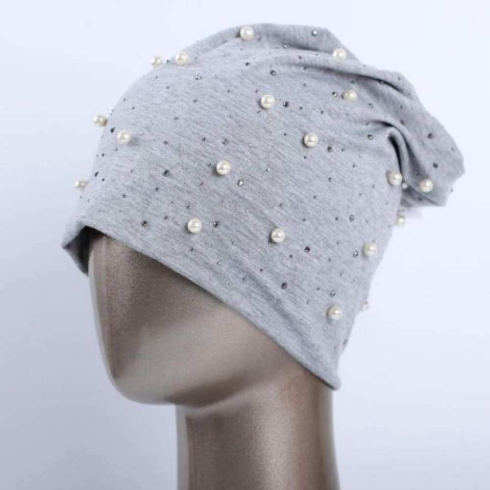 NEW Womens Gray Pearl and Rhinestone Beanie